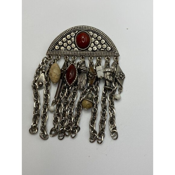 Vintage Silver-Tone Multi-Chain Statement Brooch With Red Beige & White Stone Ac - Picture 1 of 12